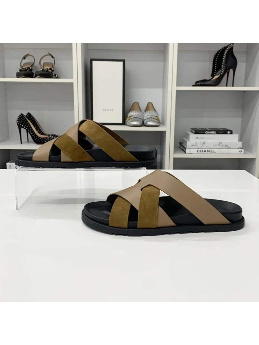 Hermes Casimir Leather Suede Flat Sandals Brown